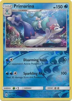 Pokemon Sun and Moon Base Primarina Reverse Holo 41/149 - Image 1