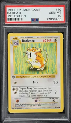 1999 Pokemon Card Base Set Shadowless 1st Edition Raticate #40 PSA 10 English - Image 1