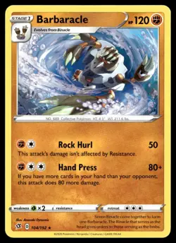 Barbaracle 104/192 Pokemon Card Rebel Clash Rare 120 HP Near Mint Z1 - Image 1