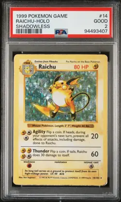 PSA 2 Shadowless Raichu Holo #14 Base Set 1999 Pokemon Card Unlimited Good - Image 1