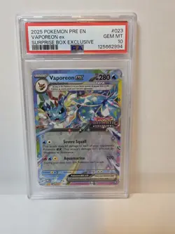 2025 Pokemon Prismatic Evolutions Vaporeon EX #023 Surprise Box Stamped PSA 10 - Image 1