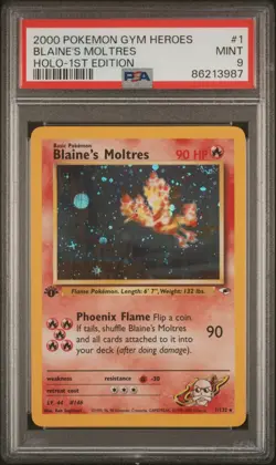 PSA 9 MINT Pokemon Blaine’s Moltres Gym Heroes Holo 1st Edition 1/132 - Image 1