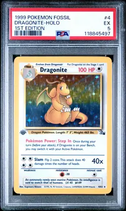 1999 POKEMON FOSSIL 1ST ED #4 DRAGONITE-HOLO PSA 5 - Image 1