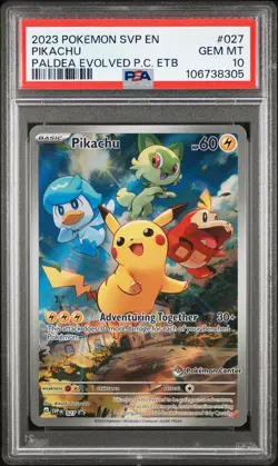 2023 POKEMON PALDEA EVOLVED POKEMON CENTER ETB PROMO SVP #027 PIKACHU PSA 10 - Image 1