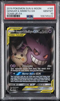 2019 POKEMON SUN & MOON TEAM UP #165 FULL ART/GENGAR & MIMIKYU GX PSA 10 - Image 1