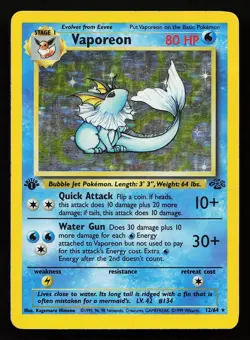 Vaporeon 12/64 Holo Rare 1st Edition Jungle Pokemon Card - Image 1
