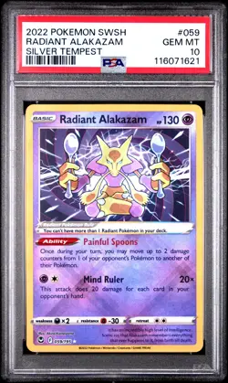 2022 POKEMON SWORD & SHIELD SILVER TEMPEST #059 RADIANT ALAKAZAM PSA 10 - Image 1