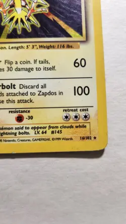 1999 Zapdos 16/102 - Base Set Holo Rare - Pokemon TCG - MP - Image 3