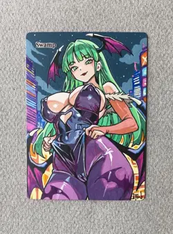Magic MTG Altered Painted Swamp Morrigan Darkstalkers Anime Girl by white_alters - Image 1