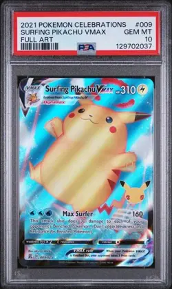 PSA 10 2021 POKEMON CELEBRATIONS SURFING PIKACHU VMAX FULL ART 009/025 GEM MINT - Image 1