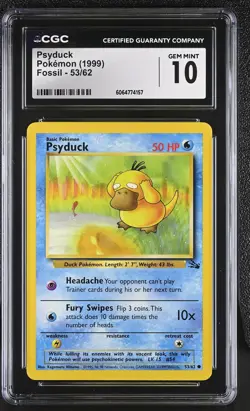 CGC 10 GEM MINT Psyduck 1999 Fossil 53/62 Pokemon Card - Image 1