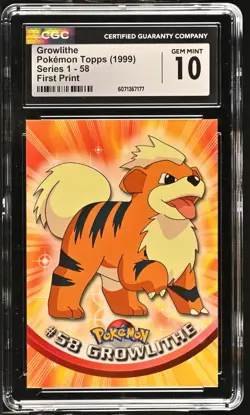 CGC 10 GEM MINT Growlithe 1999 Series 1 Topps 58 First Print Pokemon Card - Image 1
