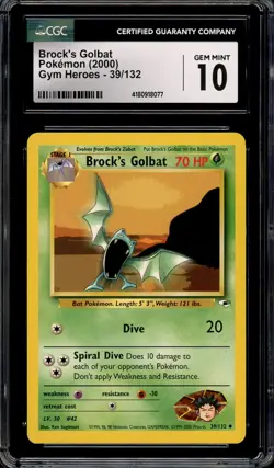 CGC 10 Gem Mint Brock's Golbat Gym Heroes Unlimited 39/132 Vintage Pokemon Card - Image 1