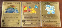Charizard, Blastoise, Venusaur Metal Gold POKEMON Custom Display Fan Made Cards - Image 1
