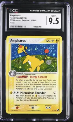 CGC 9.5 MINT+ Ampharos 2005 EX Unseen Forces 1/115 Holo SWIRL Pokemon Card - Image 1