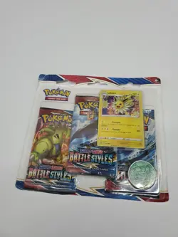 POKEMON TCG Sword & Shield Battle Styles Booster 3 Pack!!! Jolteon & Coin!!! - Image 1