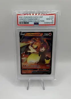 PSA 10 GEM MINT Pokemon Celebrations Lance’s Charizard V Promo Card SWSH133 - Image 1