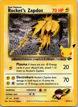 Rocket's Zapdos 15/132 Celebrations: Classic Collection Pokemon Card NM - Image 1