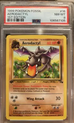 1999 POKEMON FOSSIL 1ST EDITION AERODACTYL #16 PSA 8 NM MT - Image 1