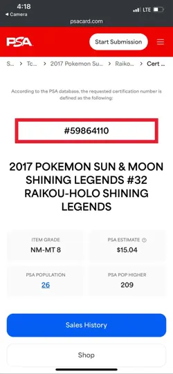 Holo Foil Raikou # 32/73 Shining Legends Set Pokemon Trading Cards PSA 8 NM-MT - Image 3