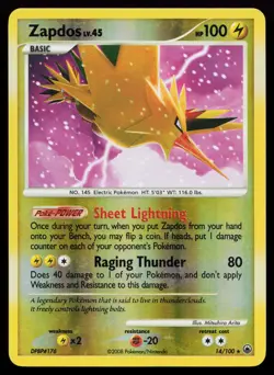 Zapdos 14/100 Holo Rare Majestic Dawn Reverse Holo Pokemon Card - Image 1