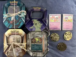 3 Pokemon Tins EACH w promos, holo rares, reverse holos, bulk. Total 250+ cards - Image 1