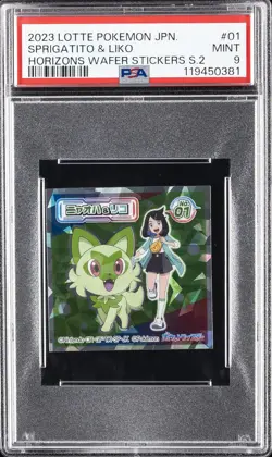 2023 LOTTE POKEMON JPN HORIZONS WAFER STICKERS SER 2 #01 SPRIGATITO & LIKO PSA 9 - Image 1