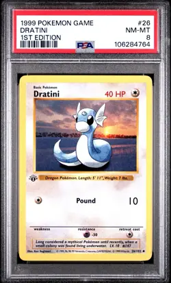 1st Edition Shadowless Dratini 26/102 Base Set Pokemon Card PSA 8 - Image 1