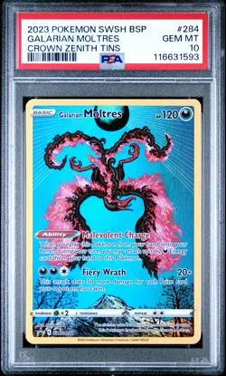 2023 POKEMON SWSH BLACK STAR PROMO CROWN ZENITH TIN #284 GALARIAN MOLTRES PSA 10 - Image 1