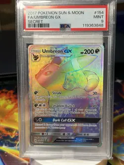 2017 Pokemon SM Base Umbreon GX Secret Rainbow Rare 154/149 PSA 9 Mint - Image 1