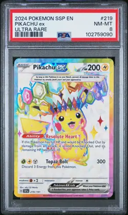 2024 POKEMON SSP EN-SURGING SPARKS ULTRA RARE #219 PIKACHU EX PSA 8 - Image 1