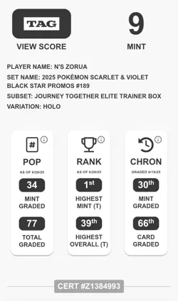 TAG 9 MINT N's Zorua - 189 Sv: Scarlet & Violet Promo Cards - Image 3