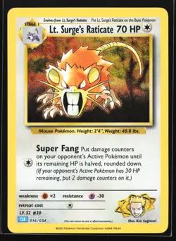 Pokemon Lt. Surge's Raticate 016/034 CLB Trading Card Game Classic Holo NM - Image 1