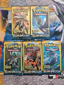 Pokemon Sun and Moon Base Set 3 Card Mini Booster Pack Complete Art Set Lot of 5 - Image 1