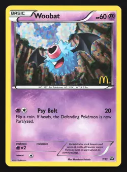 Woobat 7/12 McDonald's 2012 Holo Promo Pokemon Card - Image 1