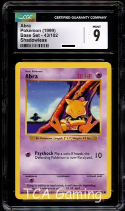 CGC 9 MINT Abra 43/102 SHADOWLESS Base Set Pokemon Card - Image 1