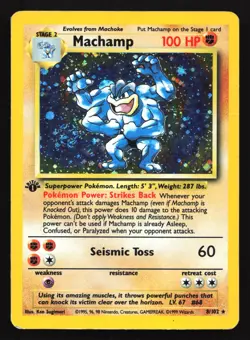 Pokemon Machamp 8/102 WotC Base Set 1st Ed. Cosmos Holo Rare Deck Exclusive HP - Image 1