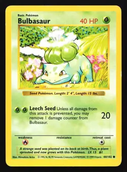 Pokemon Bulbasaur 44/102 WotC Base Set Shadowless Unlimited HP - Image 1