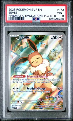 2025 POKEMON PRISMATIC EVOLUTIONS POKEMON CENTER ETB PROMO #173 EEVEE PSA 9 - Image 1