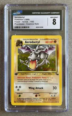CGC 8 NM/MINT Pokemon Aerodactyl 1 Fossil First Edition Prerelease Cosmos Holo - Image 1