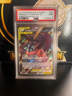 2019 POKEMON SUN & MOON UNBROKEN BONDS #201 FULL ART/GRENINJA & ZOROARK GX PSA 9 - Image 1