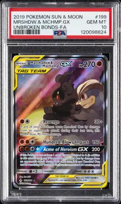 2019 POKEMON SUN & MOON UNBROKEN BONDS FULL ART/MARSHADOW & MACHAMP GX PSA 10 - Image 1