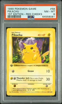 1999 POKEMON BASE SET 1ST EDITION-RED CHEEKS #58 PIKACHU PSA 8 - Image 1