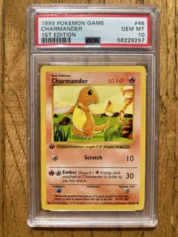 1999 Charmander Pokemon Base Set Shadowless 1st Edition #46 PSA 10 GEM MINT - Image 1