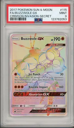 2017 Pokemon Sun & Moon Crimson Invasion Buzzwole GX Full Art #115 PSA 9 - Image 1