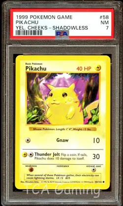 PSA 7 NEAR MINT Pikachu 58/102 SHADOWLESS Base Set Pokemon Card - Image 1