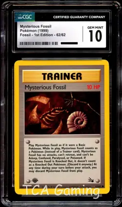 CGC 10 GEM MINT Mysterious Fossil 62/62 1st Edition Fossil Pokemon Card - Image 1