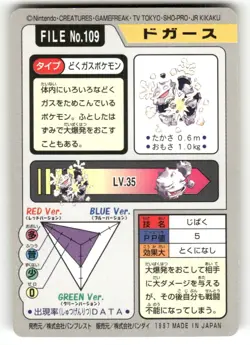 1997 LP Pokemon Koffing No. 109 Bandai Carddass Series 3-4 Japanese - Image 2