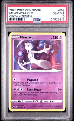 2023 POKEMON SWORD & SHIELD CROWN ZENITH #059 MEWTWO-HOLO PSA 10 - Image 1