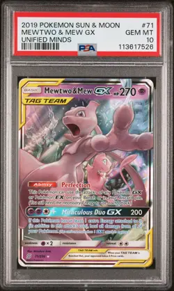 2019 POKEMON SUN & MOON UNIFIED MINDS #71 MEWTWO & MEW GX PSA 10 - Image 1